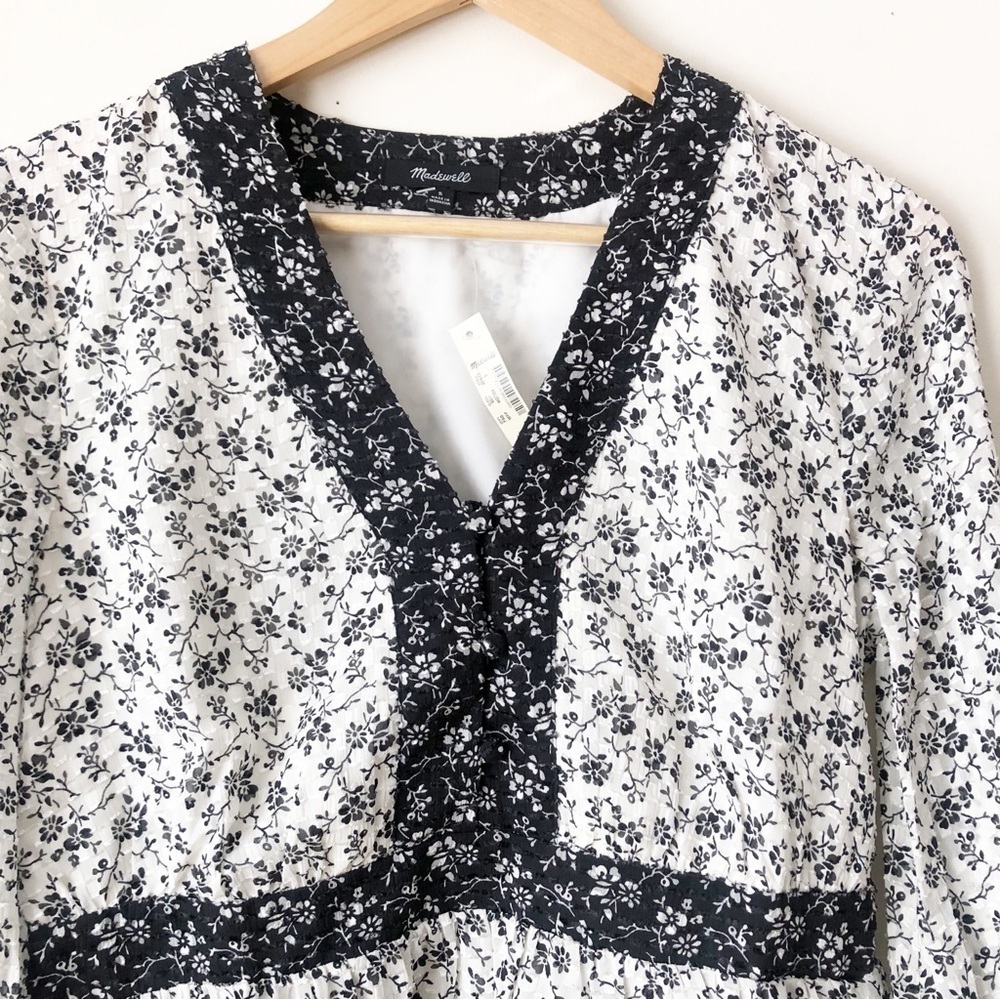 Madewell Clip-dot Branch Floral V-Neck Peplum Top Black White Dainty Monochrome - Picture 6 of 12